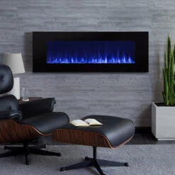 50" DiNatale Black Wall-Mounted Electric Fireplace -Electric Radiators Direct 1330E DiNatalie Blue Fire Lifestyle HI RES