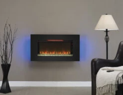 36'' Elysium Black Infrared Quartz Wall Electric Fireplace -Electric Radiators Direct 36II100GRG Front20view Room20shot C glass blue20with20red20flame