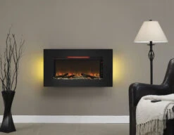 36'' Elysium Black Infrared Quartz Wall Electric Fireplace -Electric Radiators Direct 36II100GRG Front20view Room20shot E ash yellow20with20red20flame