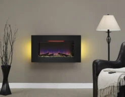 36'' Elysium Black Infrared Quartz Wall Electric Fireplace -Electric Radiators Direct 36II100GRG Front20view Room20shot F ash yellow20with20blue20flame