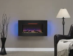 36'' Elysium Black Infrared Quartz Wall Electric Fireplace -Electric Radiators Direct 36II100GRG Front20view Room20shot H ash Blue20with20blue20flame