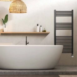 Ecostrad Fina-E Thermostatic Electric Towel Rail - Black 400w (500 X 1200mm) -Electric Radiators Direct fina e thermostatic 500x1200 lifestyle 1