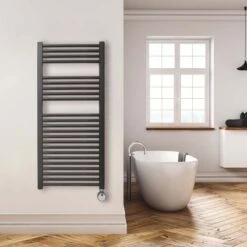 Ecostrad Fina-E Thermostatic Electric Towel Rails - Black -Electric Radiators Direct fina e thermostatic 500x1100mm black 300w lifestyle 1 1