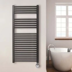 Ecostrad Fina-E Thermostatic Electric Towel Rails - Black -Electric Radiators Direct fina e thermostatic 500x1100mm black 300w lifestyle 2 1