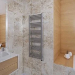 Terma Fiona ONE Designer Electric Towel Rail - Grey 600w (480 X 1380mm) -Electric Radiators Direct fiona one 1380x480 sparkling gravel lifestyle 1 1 1
