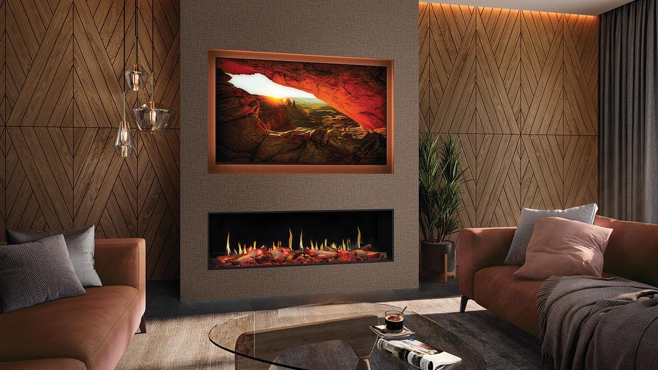 Front Page -Electric Radiators Direct Fusion Electric 150RW installed as a single sided fire. Shown with optional mood lighting kit EB049